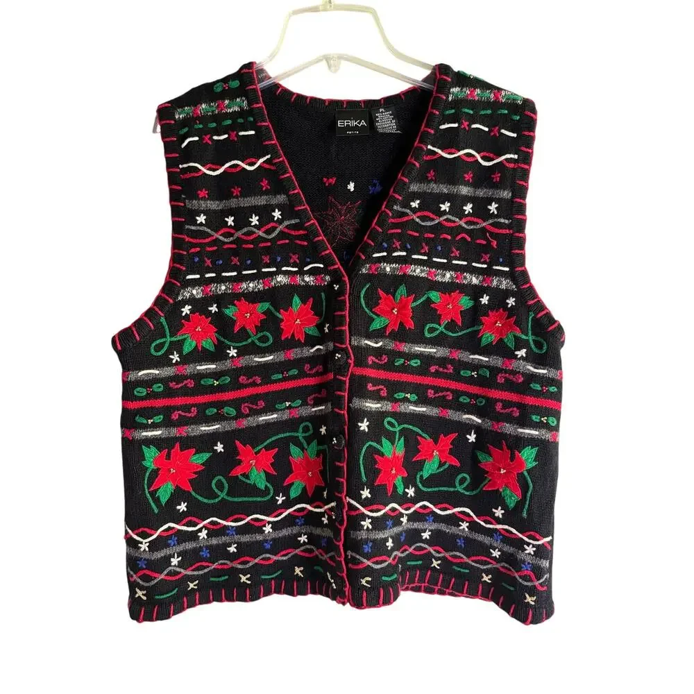 Erika Petite Ugly Christmas Sweater Vest Womens Large Embroidered Poinsettia